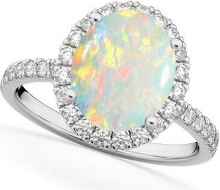 Allurez Oval Cut Halo Opal & Diamond Engagement Ring 14K White Gold 2.16ct