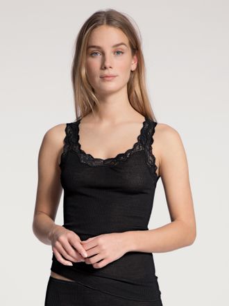 CALIDA Spitzentop CALIDA Richesse Lace, Damen, Gr. XS (36/38), schwarz, Feinripp, Obermaterial: 70% Schurwolle, 30% Seide, unifarben, figurbetont h&uuml;ftbedecke