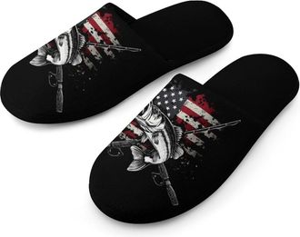 Generic Vintage USA Flag Bass Fishing Mens Slippers Warm Non-Slip Houes Shose Spa Slipper for Home Bedroom