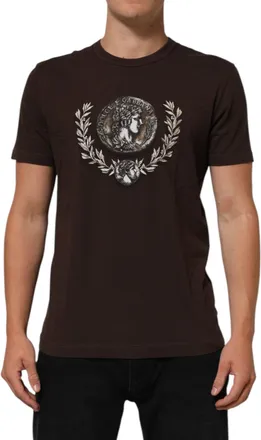 Dolce & Gabbana Brown Coin Laurel Print Men Crew Neck T-Shirt Cotton