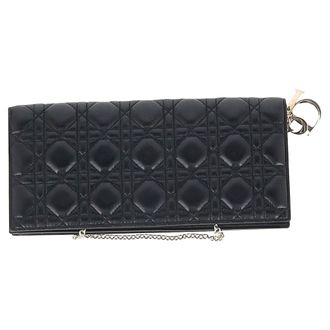 Dior Pre-owned Womens Cannage Lady Convertible Clutch Crossbody Bag in Black Lambskin Leather Canvas - One Size