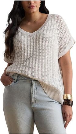 Lauren Ralph Lauren Plus Size Cotton-blend Mesh Short Sleeve Sweater Womens Clothing White : 2X, Cotton/Viscose