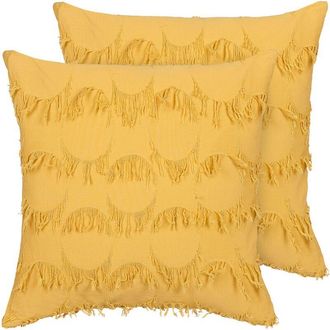 Beliani Conjunto De 2 Cojines De Poli&eacute;ster Amarillo 45 X 45 Cm Borlas Boho Agastache