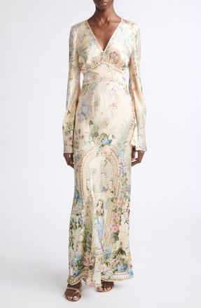 Camilla Crystal Embellished Floral Long Sleeve Silk Charmeuse V-Neck Dress in Midsummer Masterpiece at Nordstrom, Size X-Large