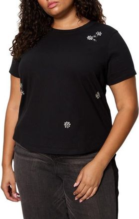 Sanctuary Floral Crystal Embellished Organic Cotton T-Shirt in Black at Nordstrom, Size 2X