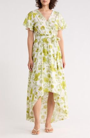 West K Faux Wrap High Low Dress in Sage White Floral at Nordstrom Rack, Size X-Large