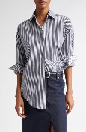 Michael Kors Wedge Oversize Pinstripe Button-Up Shirt in Maritime/Optic White at Nordstrom, Size Medium
