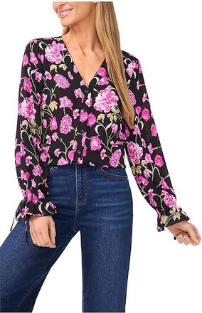 CeCe by Cynthia Steffe Floral Printed Button Front Long Sleeve Top Womens Clothing Rich Black : MD, Polyester