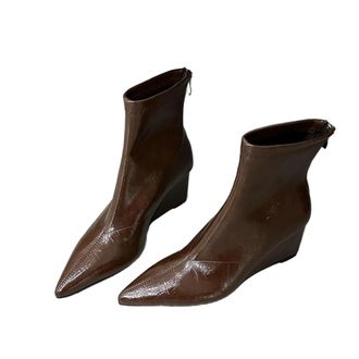 Generic GLDFW Pointed Toe Short Boots Womens Autumn Winter High Heel Short Boot Slope Heel Slim Boot Synthetic Leather Rubber Brown