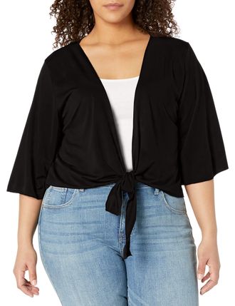 Star Vixen Womens Plus-Size 3/4 Sleeve Tiefront Shrug, Black Solid, 3X