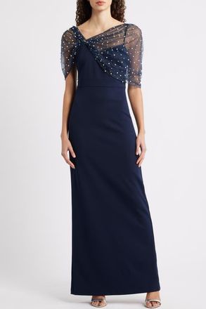 Eliza J Faux Pearl Mesh Detail Gown in Navy at Nordstrom, Size 14