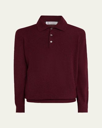 Brunello Cucinelli Mens Cashmere Knit Long-Sleeve Polo Shirt