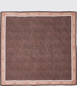 Twinset Sciarpa quadrata in viscosa con stampa animalier e logo jacquard