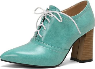 Generic Women Pointed Toe Oxfords Lace Up Chunky Ribbed Block Heel Contrast Laces Stitched Panel Narrow Toe Cap Non Slip Durable Comfortable Daily Shoes,Blue,