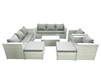 Fimous Outdoor Rattan Sofa Garden Furniture Set with 2 Armchairs Oblong Coffee Table 2 Big Footstools Light Grey Mixed
