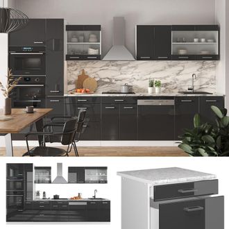 Vicco Mueble De Cocina R-line, Antracita Brillo Intenso/blanco, 350 Cm Con Armario Alto, Et Roble