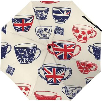 Generic British Flag Teacups Cute Folding Umbrella for Rain Sun Windproof Travel Umbrellas Lightweight Portable Manual