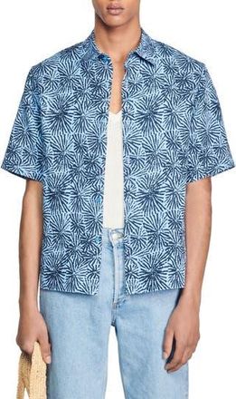 Sandro Sea Urchin Short Sleeve Lyocell & Linen Button-Up Shirt in Marine at Nordstrom Rack, Size Xx-Large