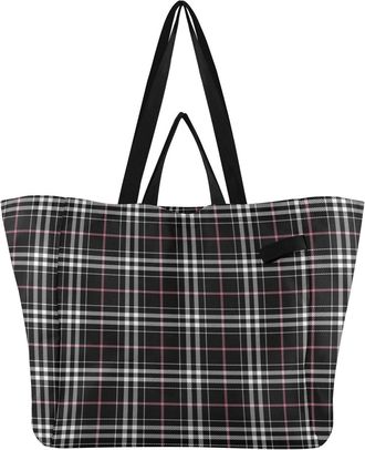 Generic Plaid Black White print Reusable Canvas Tote Bag, Heavy Duty Grocery Shopping Bag with Double Handles Large Capacity Hard Bottom Work Groceries Travel