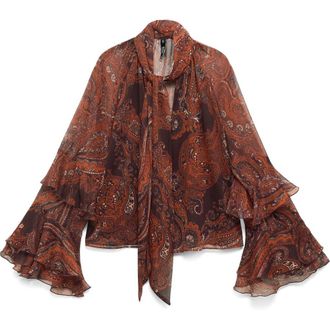 Mango Jewell Ruffle Sleeve Tie Neck Top in Russet at Nordstrom Rack, Size 4