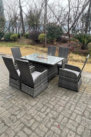 Fimous PE Rattan Gas Fire Pit Oblong Table Gas Heater Adjustable Chair & Table Set 6 Seat in Dark Grey