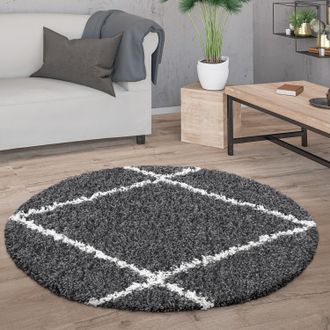 Paco Home Paco Home Alfombra Pelo Largo Redonda Sal&oacute;n Moderna Sal&oacute;n Pelo Largo Escandinava Rombos Antracita, &Oslash; 200 Cm Redon