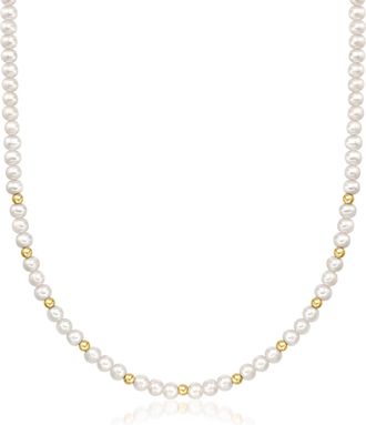 RS Pure by Ross-Simons 4-5mm Cultured Pearl and 3mm 14kt Yellow Gold Bead Necklace