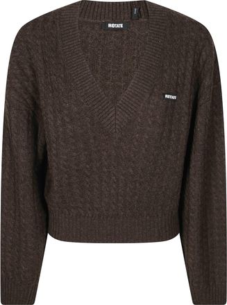 Rotate Cable V Neck Cable Knit Cropped Sweater