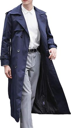 Generic Long Black Trench Coat With Double Breasted Buttons Shoulder Tabs And Belt Stylish & Versatile For Men & Women (Navy, 5XL)-3