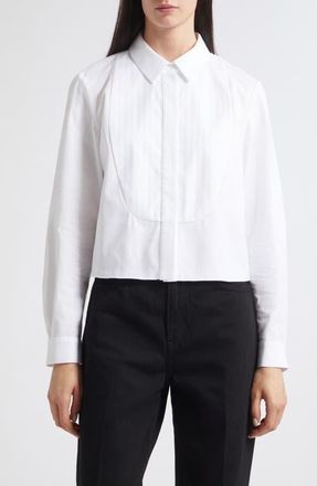 Nellie Partow Warren Crop Stripe Bib Cotton Poplin Button-Up Shirt in White at Nordstrom, Size 4