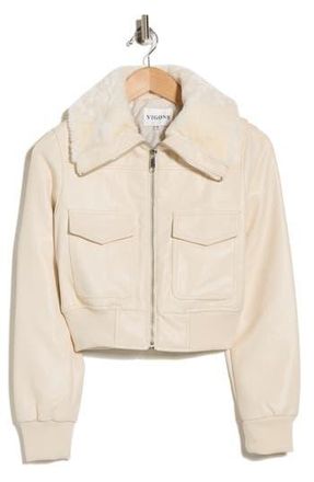 Vigoss Faux Fur Collared Faux Leather Dad Bomber Jacket in Creme/Crme at Nordstrom Rack, Size X-Large