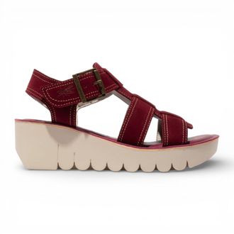 FLY London Fly London Womens YUDD236FLY Berry Red Leather Wedge Sandals