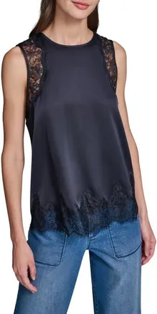 Karl Lagerfeld Eyelash Lace Trim Satin Tank in Midnight Navy at Nordstrom, Size X-Small