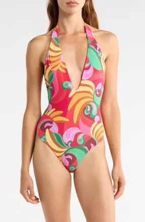 Farm Rio Halter Neck One-Piece Swimsuit in Banana Queen at Nordstrom, Size X-Small