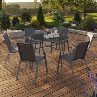 IDMarket Conjunto De Muebles De Jard&iacute;n Madrid - Mesa Redonda 120cm Y 6 Sillas Apilables - Gris Antracita