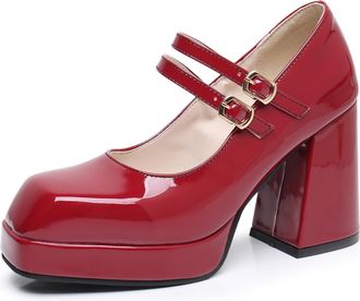 Generic MiaZane Womens Court Shoes Chunky Block Heel Double Buckle Square Toe Mary Jane Work Pumps Office Commuting Shoes for Daily Wear and City Walking Wide