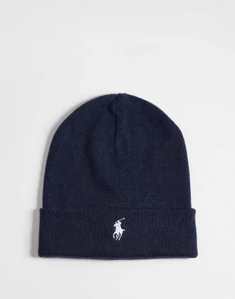 Polo Ralph Lauren berretto in maglia in lana merino con logo icon in navy-blu navy