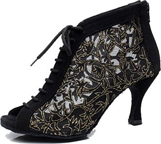 Minitoo Womens Fashion Latin Salsa Black Suede Mesh Dance Shoes Evening Ankle Sandals, Style 1 Black, 7 UK