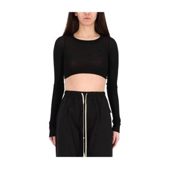 Rick Owens Long Sleeve Tops, female, Black, Size: M Rib Knit Crew Neck Long Sleeves Cropped
