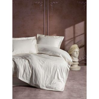 Asir Group LLC Juego De Cama - 1 Funda N&oacute;rdica 140 X 200cm + 1 Fundas De Almohada 60 X 60 Cm - Sat&eacute;n - Impresi&oacute;n Rayas Ecru