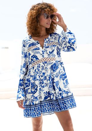 Lascana Longbluse LASCANA, Damen, Gr. 32/34, blau (creme, blau bedruckt), Web, Obermaterial: 100% Viskose. Spitze: 100% Baumwolle, bedruckt, figurumspielend k