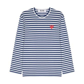 Comme Des Gar&ccedil;ons Long Sleeve Tops, female, Blue, Size: XS Blue Striped T-shirt with Heart Patch