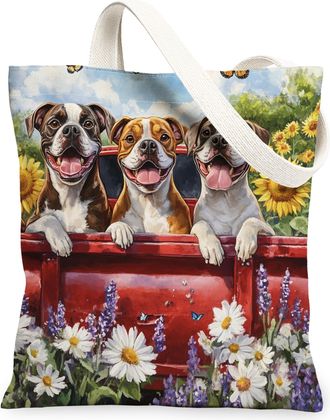 Generic Spring St. Bernard Dog Canvas Tote Bag for Shopping 13x15, Truck Garden Daisy Scenic Puppy Reusable Grocery Print Bag for Women, Pet Beach Aesthetic P