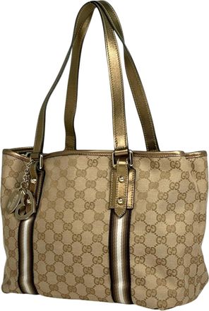 Gucci Beige Gold Gg Canvas Leather Shoulder Bag Tote Bag (Pre-Owned)