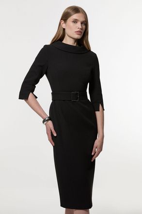 Karen Millen Womens Tailored Structured Crepe Roll Neck Pencil Midi Dress - Black Viscose - Size 16 UK