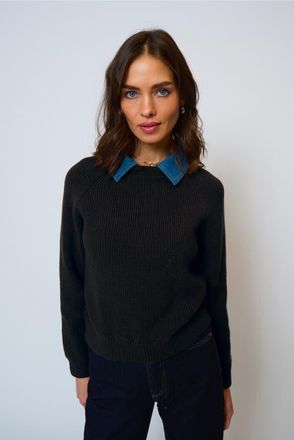 Central Park West Dash Denim Collar Pullover in Black at Nordstrom, Size X-Small