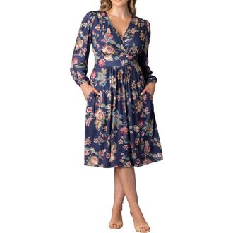 Kiyonna Diana Long Sleeve Dress in Navy Floral Motif at Nordstrom, Size 0X