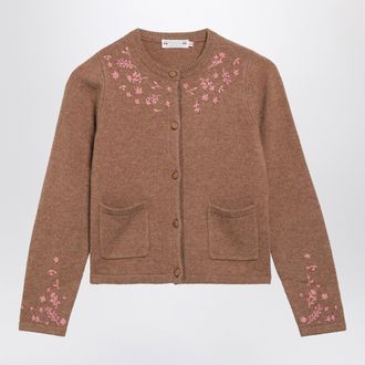 BONPOINT Cardigan beige in misto lana con ricamo fiori