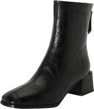 Generic Womens Ankle Boots Black Brown Crinkled PU Leather Square Toe Side Zip Block Heel Comfortable Non Slip Wear Resistant Daily Casual Office Date Nights,