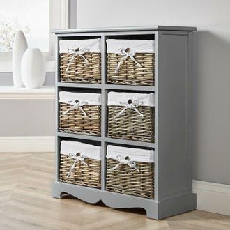 Home Source Industries Home Source - 6 Drawer Chest Grey Wooden Water Hyacinth Basket Hallway Storage Fully Assembled